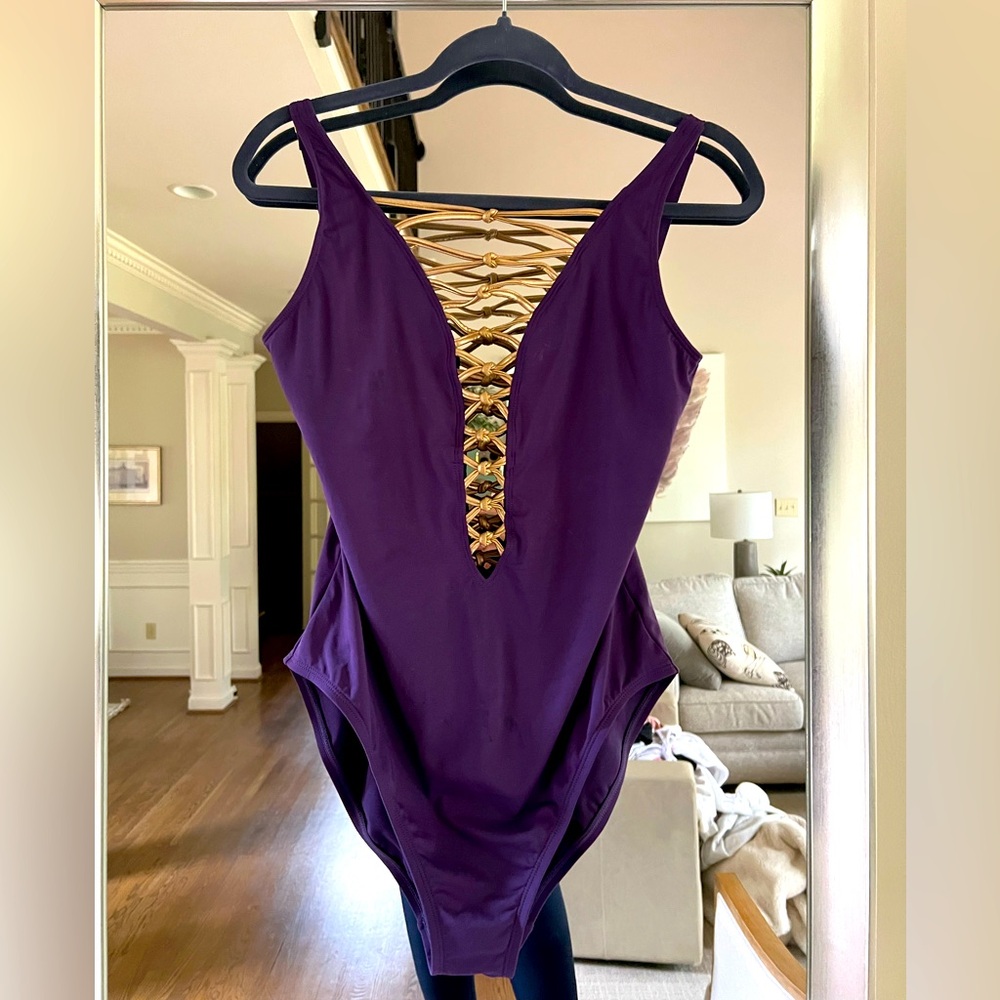 Bleu Rod Beattie lattice plunge Purple Swimsuit with Gold Lace-Up Detail